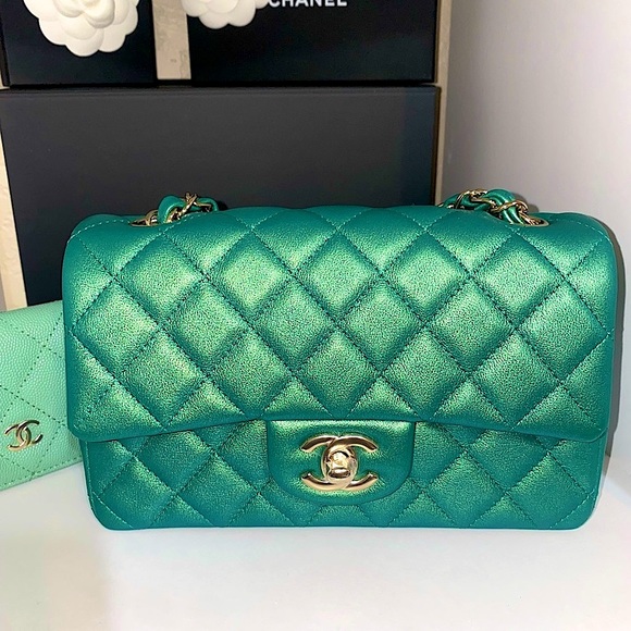 RARE NIB CHANEL IRIDESCENT GREEN CLASSIC MINI FLAP - Picture 3 of 17